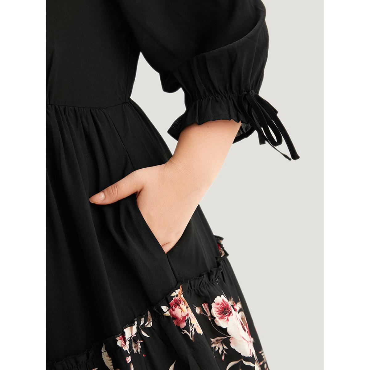 Plus Size Polka Dot Patchwork Floral Knot Pocket Lantern Sleeve Dress Black Women Casual Elastic cuffs V-neck Elbow-length sleeve Curvy Midi Dress BloomChic 12/L Product Image