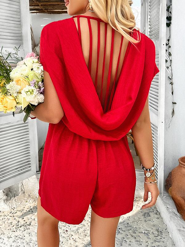 High Waisted Loose Backless Pockets Solid Color V-Neck Rompers Product Image