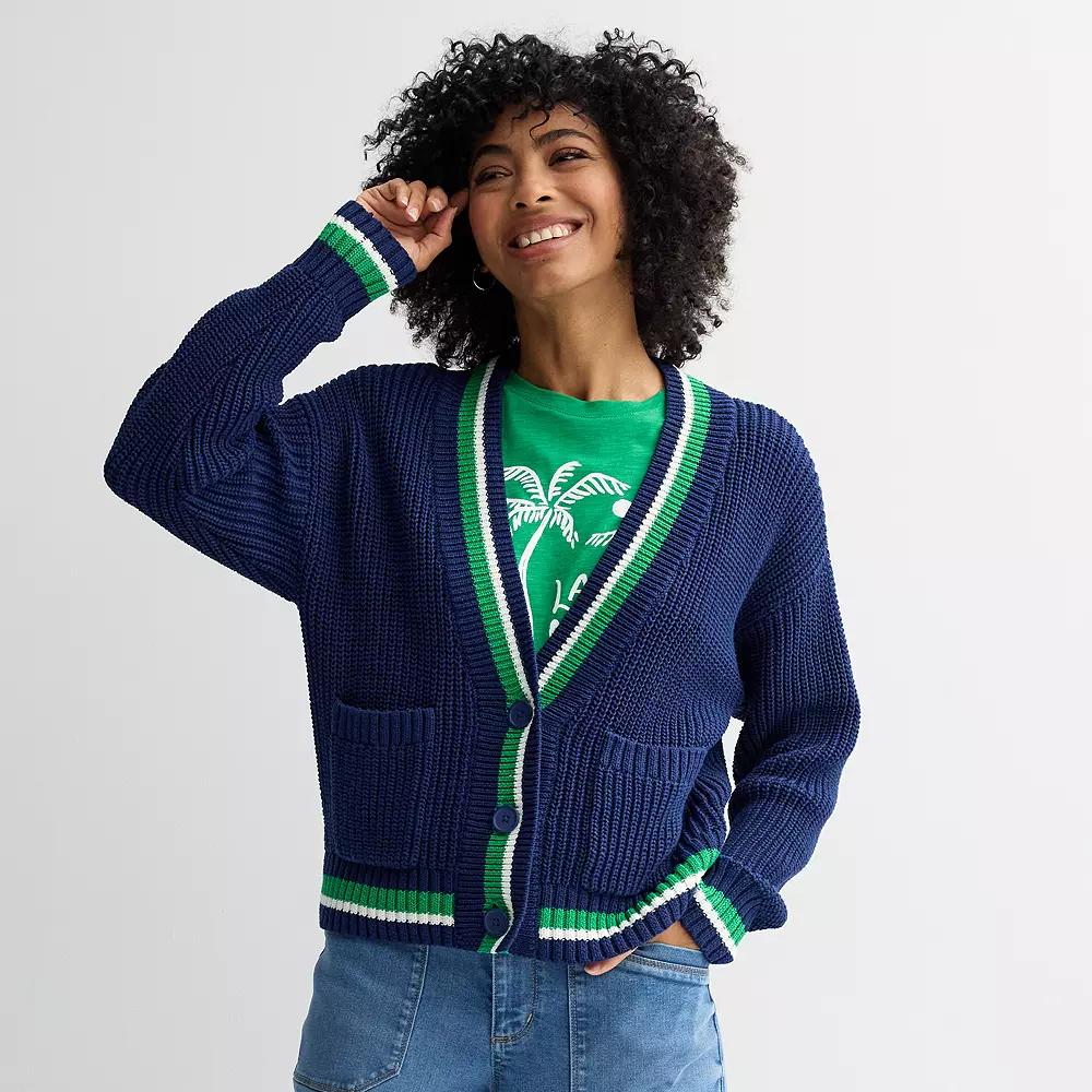 Women's Sonoma Goods For Life® Button-Front Pocket Cardigan, Size: Small, Navy Green Tipping Product Image