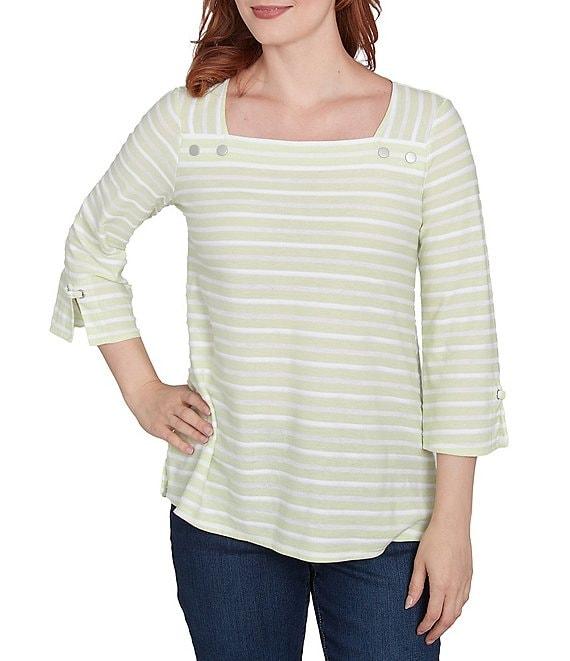 Ruby Rd. Ribbon Stripe Print Knit Square Button Trim Detail Neck 3/4 Bell Sleeve Top Product Image