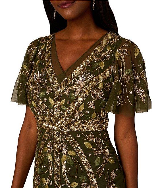 Adrianna Papell Flutter Sleeve Beaded Mesh Ankle Column Dress Product Image