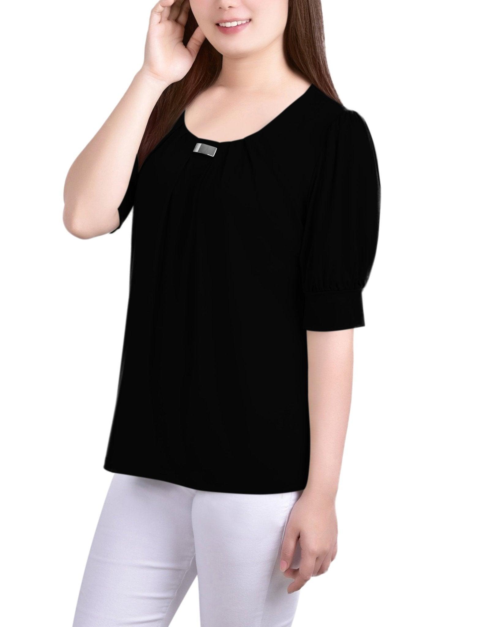 Black Short Sleeve Balloon Sleeve Top With Hardware - Petite Product Image