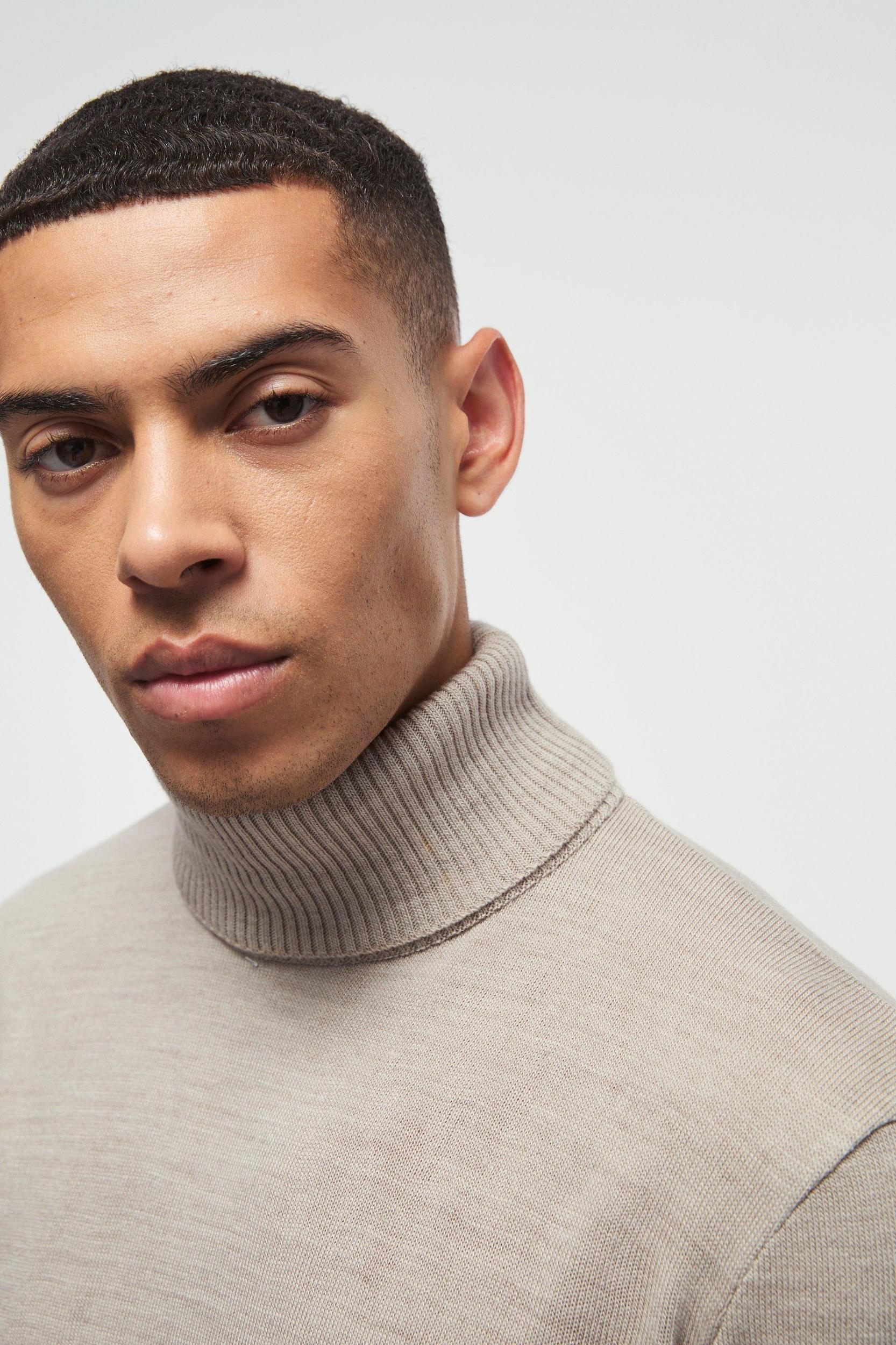 Long Sleeve Roll Neck Sweater In Stone | boohooMAN USA Product Image