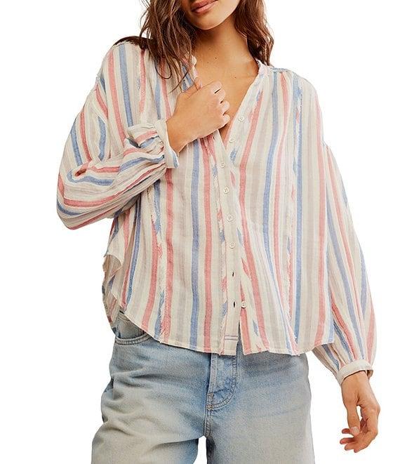 Free People We The Free Striped Valley Double Cloth Banded Collar Long Sleeve Shirt Product Image