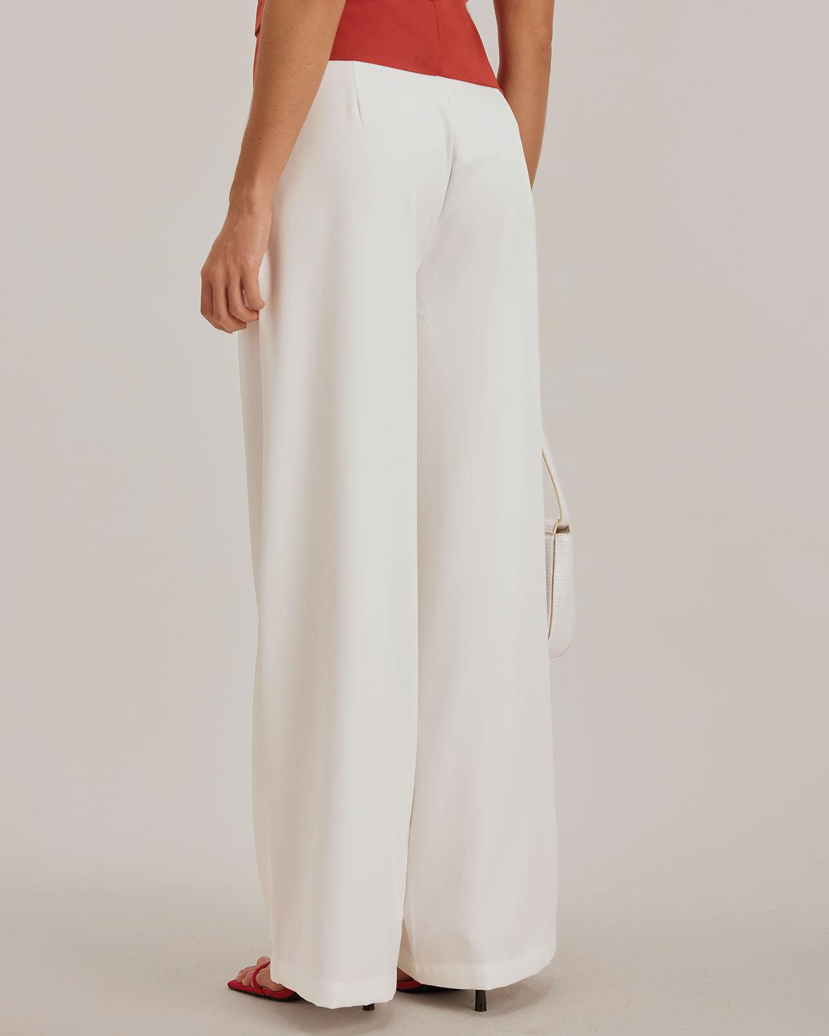 White Ruched Straight Pants Product Image
