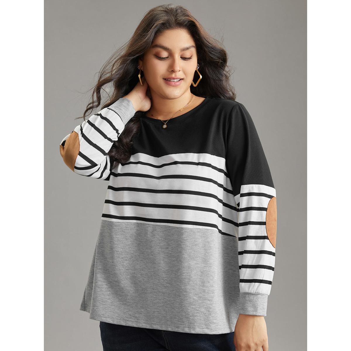 Plus Size Striped Patchwork Contrast Slight Crew Neck Sweatshirt Women Black Casual Contrast Round Neck Dailywear Sweatshirts BloomChic 18-20/2X Product Image