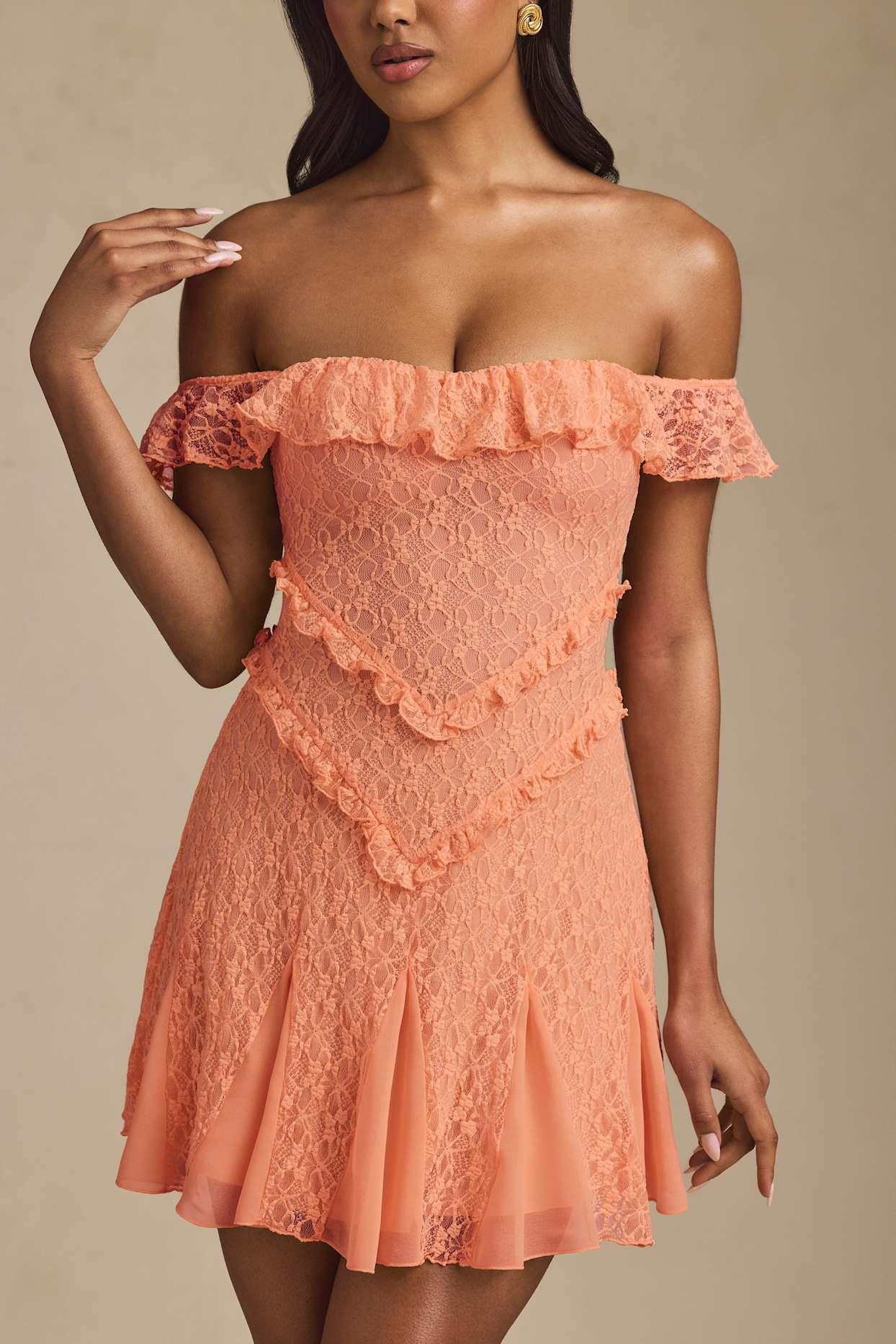Off-Shoulder Lace A-Line Mini Dress in Peach Product Image