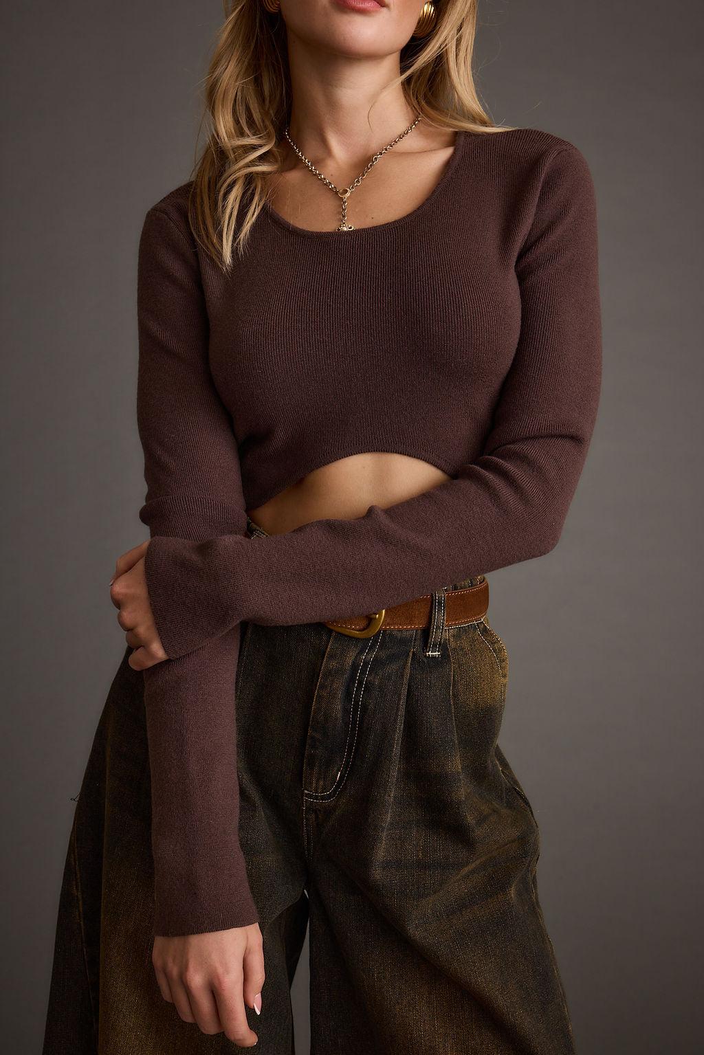 Malorie Brown Cropped Ribbed Sweater Product Image