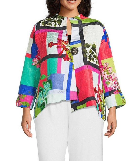 IC Collection Plus Color Block Floral Print Stand Collar Bracelet Sleeve Jacket Product Image