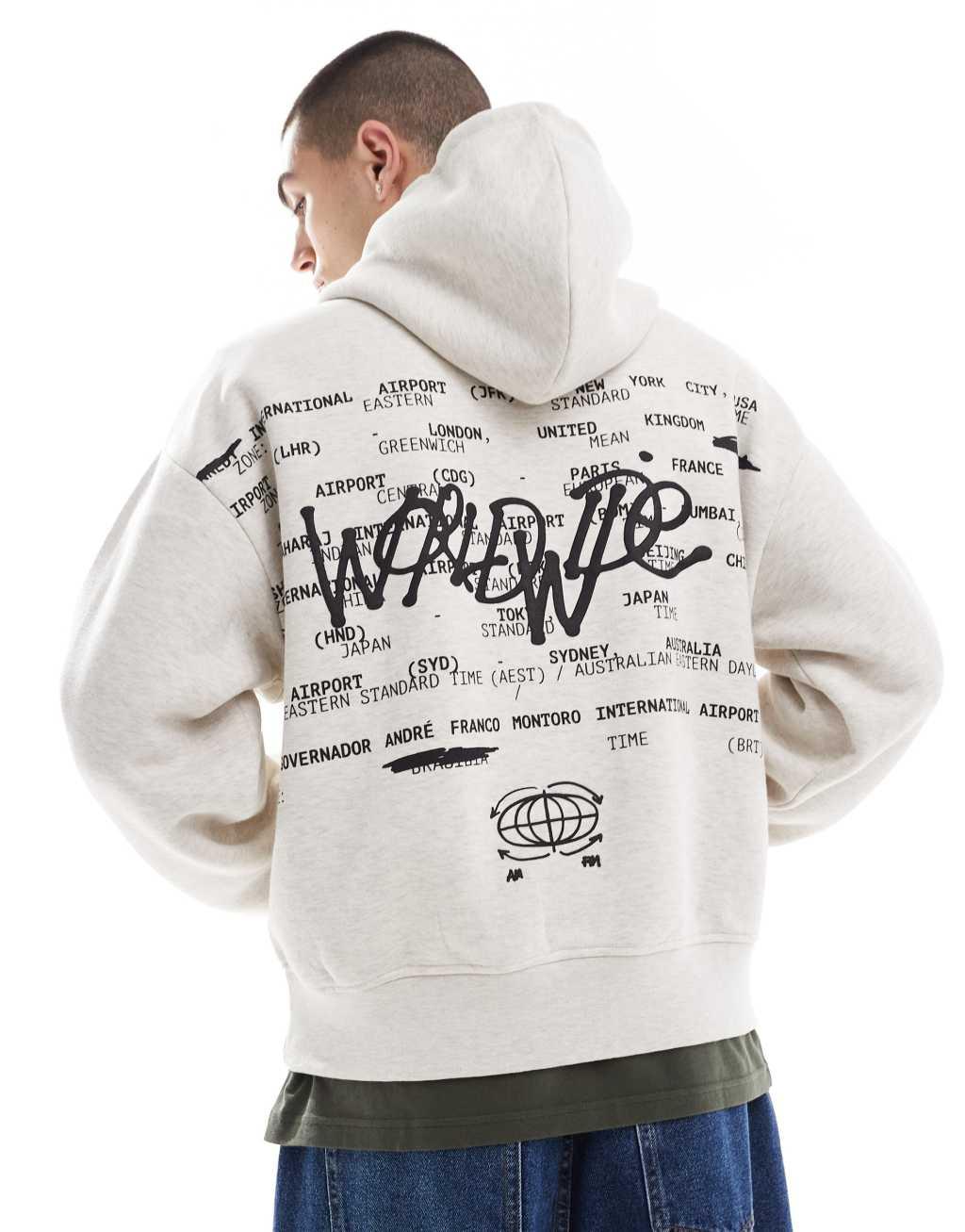 Bershka city back graphic hoodie in gray Product Image