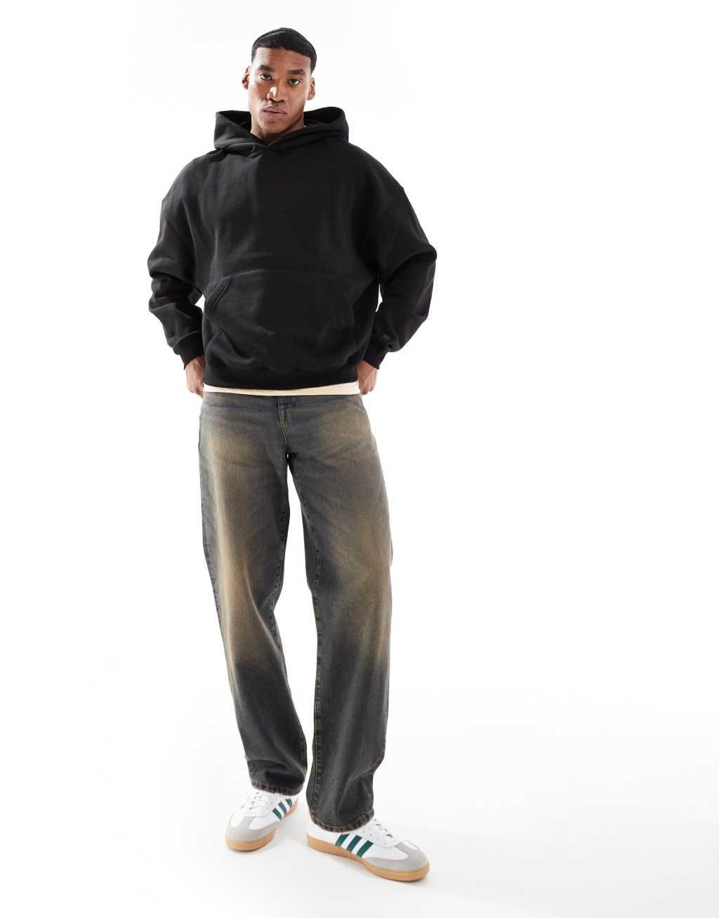 Pull&Bear boxy fit hoodie in black Product Image