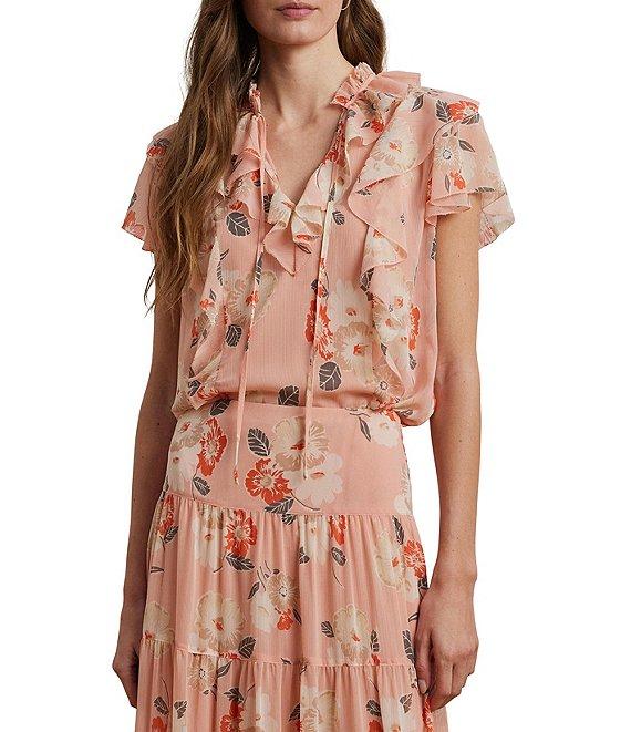 Lauren Ralph Lauren Floral Crinkle Georgette V-Neck Flutter Short Sleeve Blouse Product Image