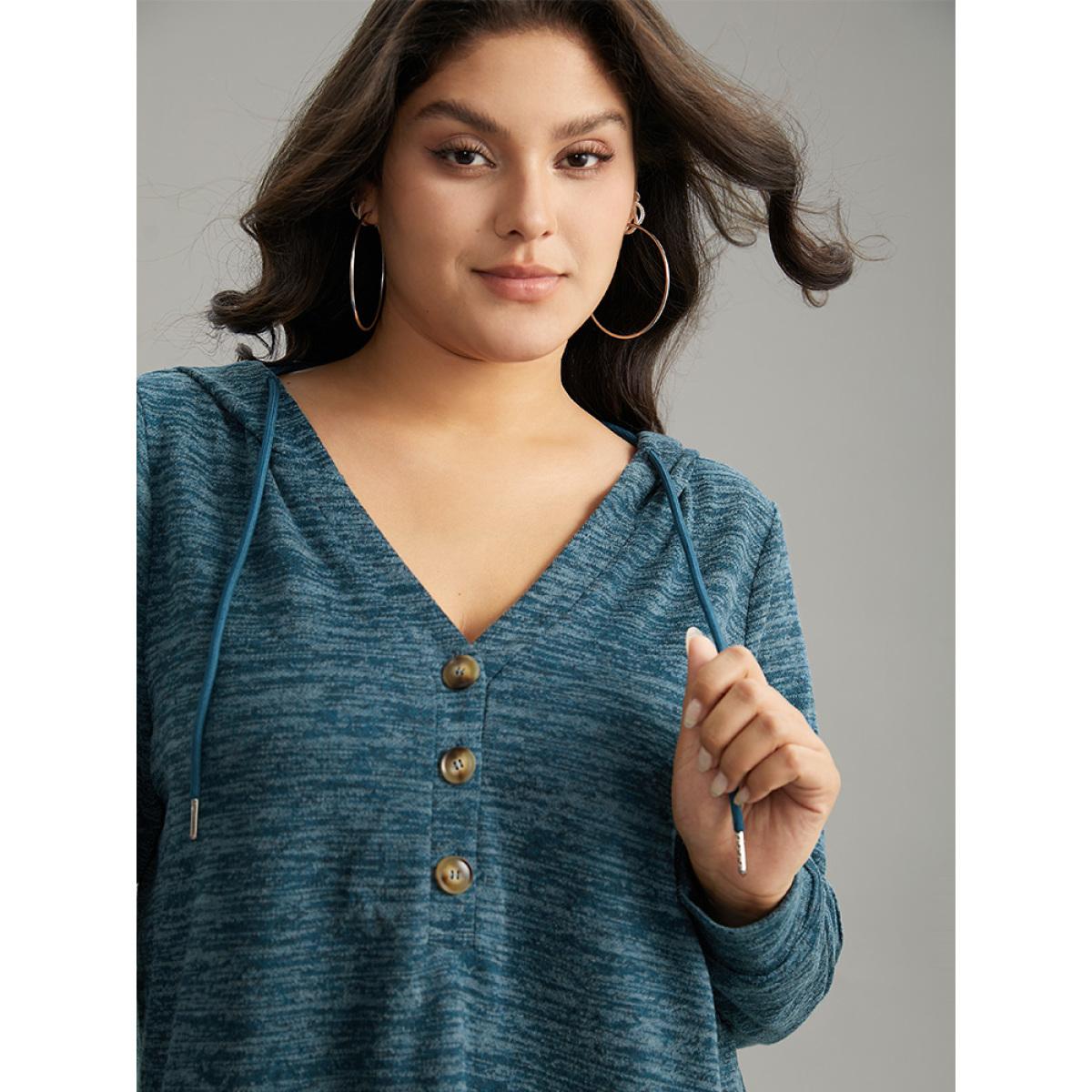 Plus Size Plain Heather Button Up Hooded Drawstring Sweatshirt Women Cyan Casual Texture Hooded Dailywear Sweatshirts BloomChic 22-24/3X Product Image