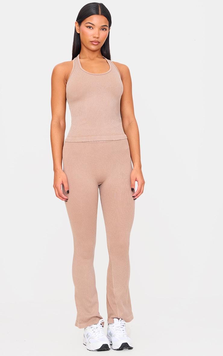 Chocolate Mocha Acid Wash Seamless Rib Halter Neck Gym Top Product Image