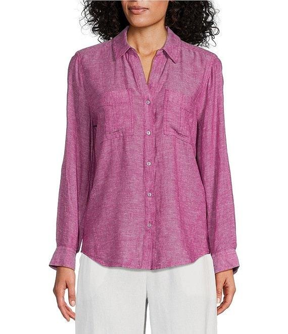 Westbound Petite Size 3/4 Roll-Tab Sleeve Point Collar Y-Neck Button Front Shirt Product Image