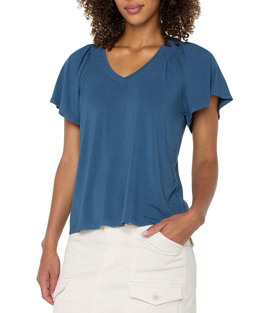 Liverpool Los Angeles Jersey Knit V-Neck Short Flutter Sleeve Shirred Top Product Image