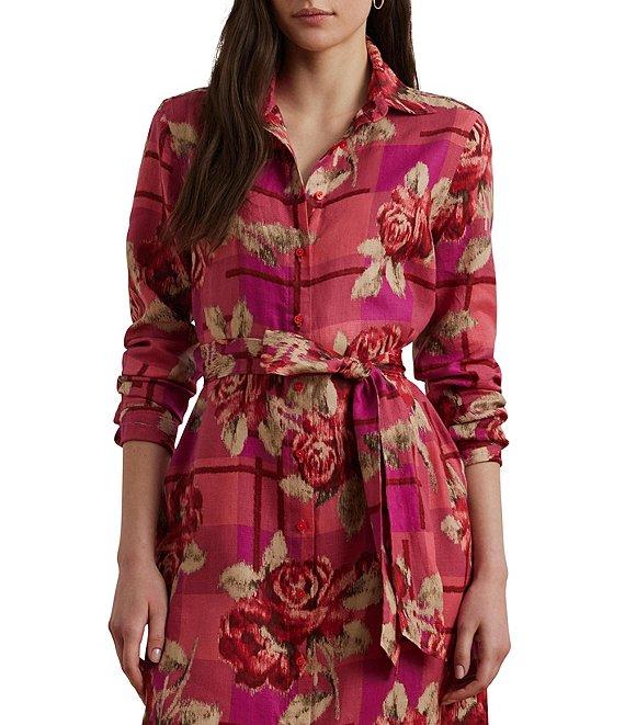 Lauren Ralph Lauren Linen Floral Print Checked Belted Point Collar Shirt Maxi Dress Product Image