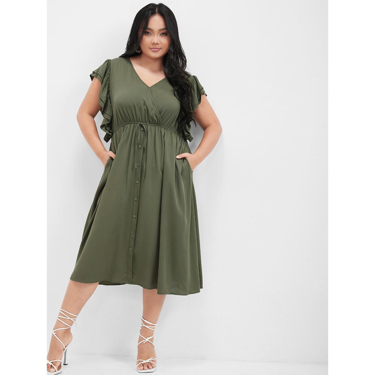 Plus Size Solid Ruffles Button Ties Pocket Midi Dress ArmyGreen Women Elegant Plain V-neck Cap Sleeve Curvy Knee Dress BloomChic 18-20/2X Product Image
