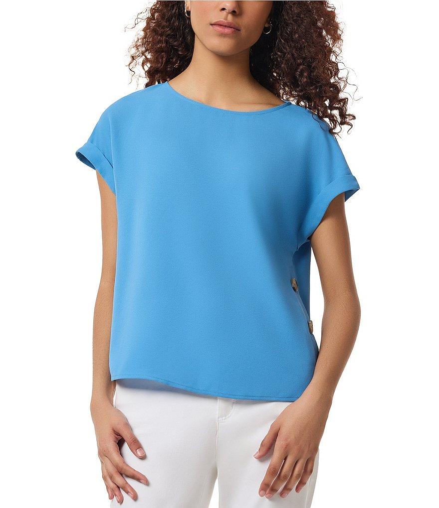 Jones New York Solid Jasper Crepe Boat Neck Short Roll-Tab Sleeves Top Product Image