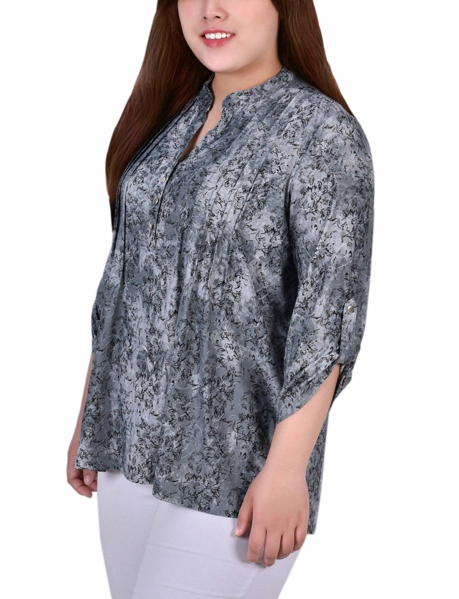 Grey Floral 3/4 Sleeve Roll Tab Y Neck Top - Plus Product Image