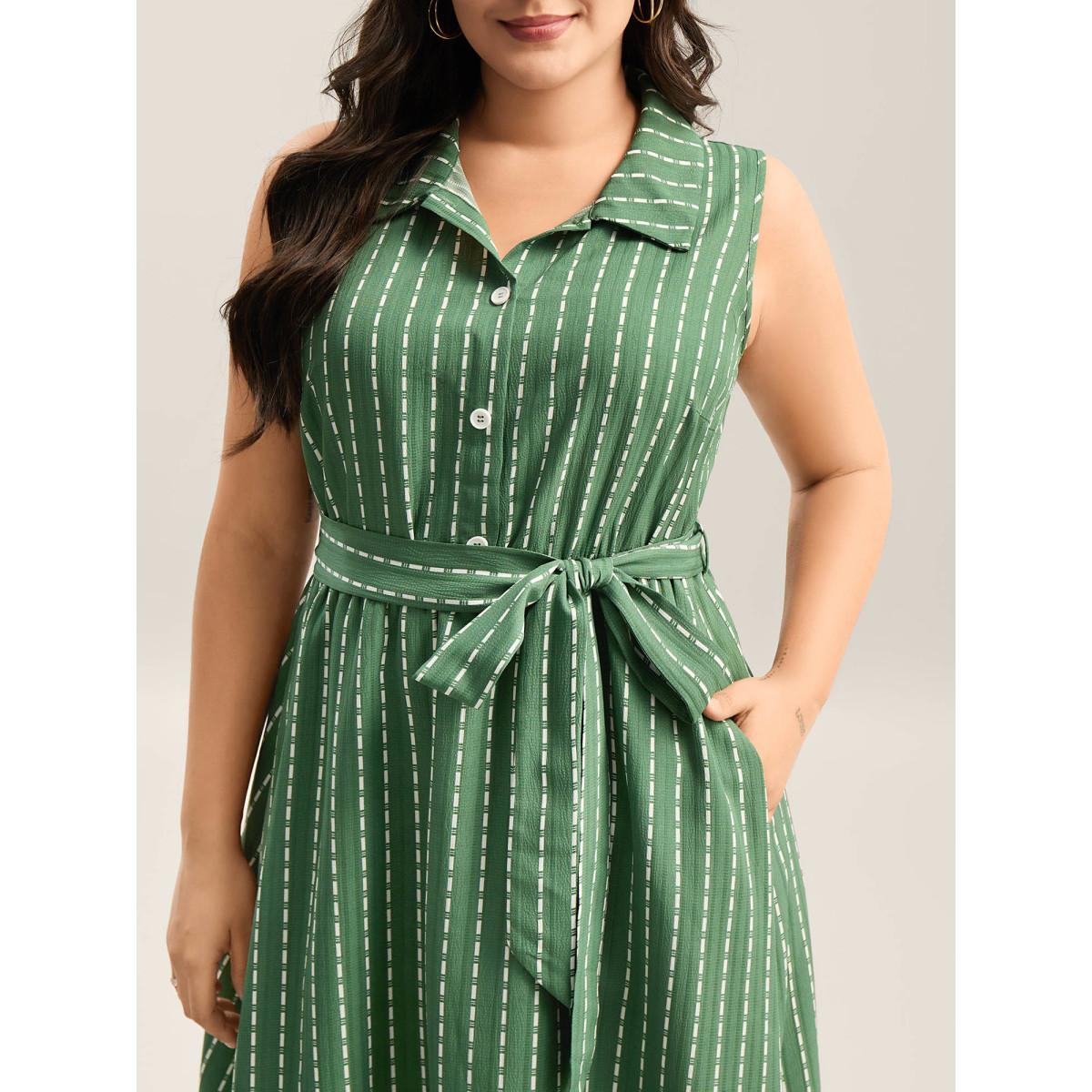 Plus Size Breezy Stripes Belted Pockets Midi Dress Emerald Women Shirt collar Sleeveless Curvy BloomChic 28/5X Product Image