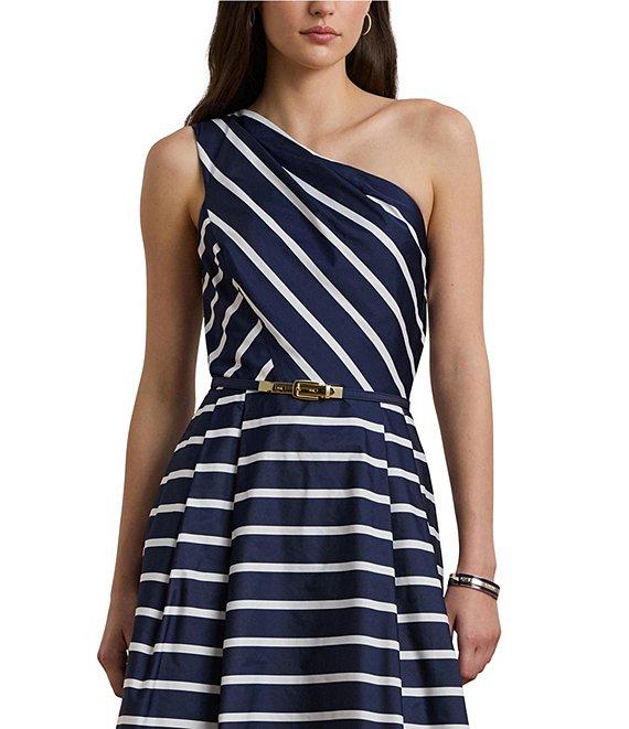 Lauren Ralph Lauren Taffeta Stripe Print One Shoulder Neck Sleeveless Belted Midi Dress Product Image