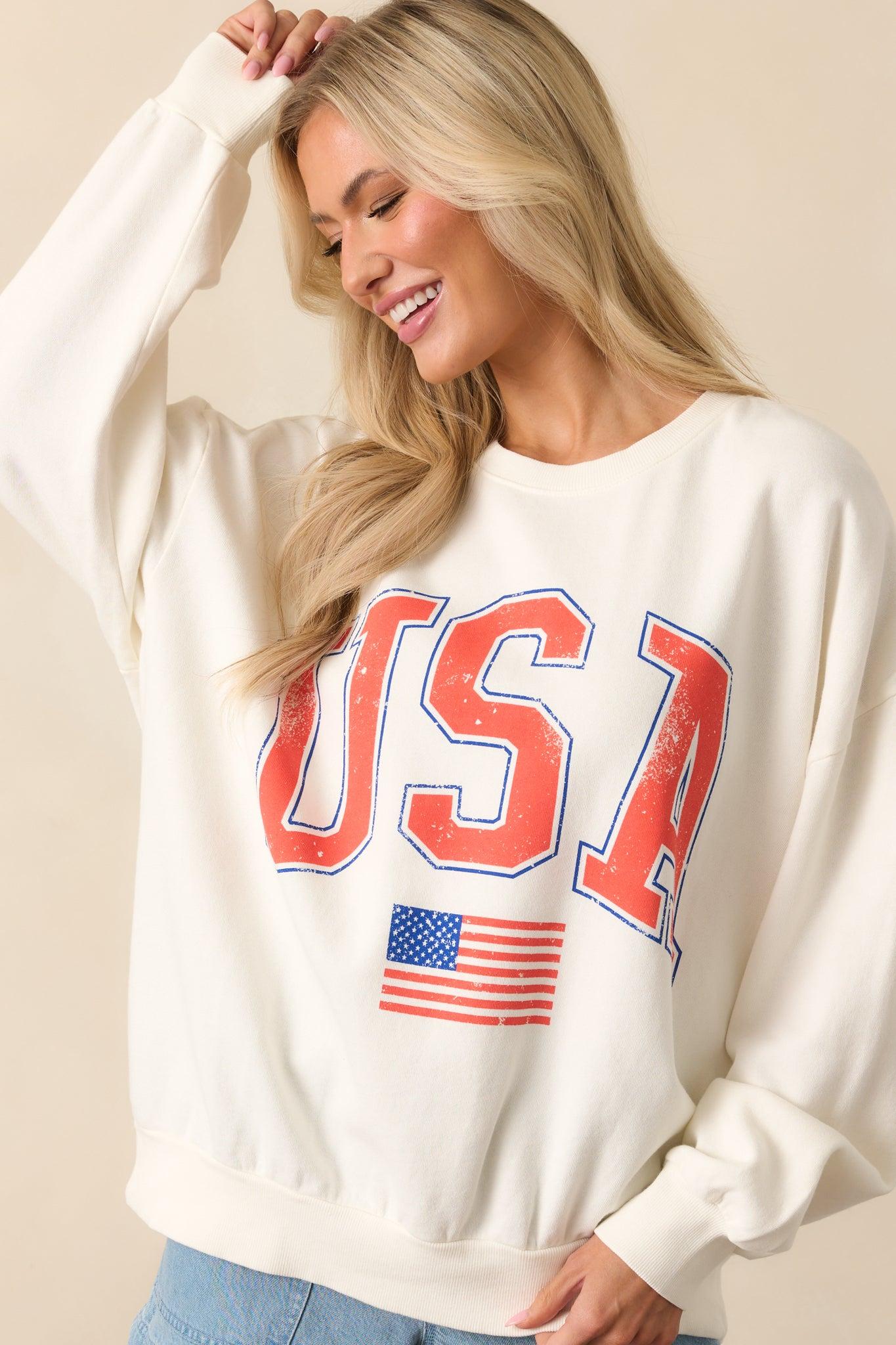 Z Supply Ivory Cotton USA Flag Sunday Sweatshirt Product Image