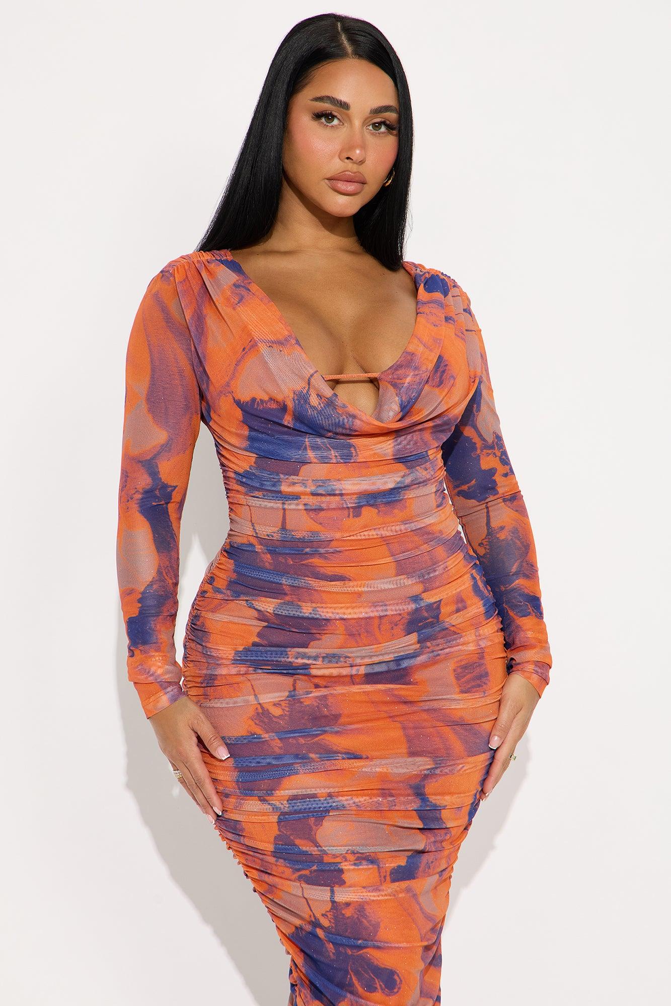 Tory Long Sleeve Mesh Maxi Dress - Orange/combo Female Product Image