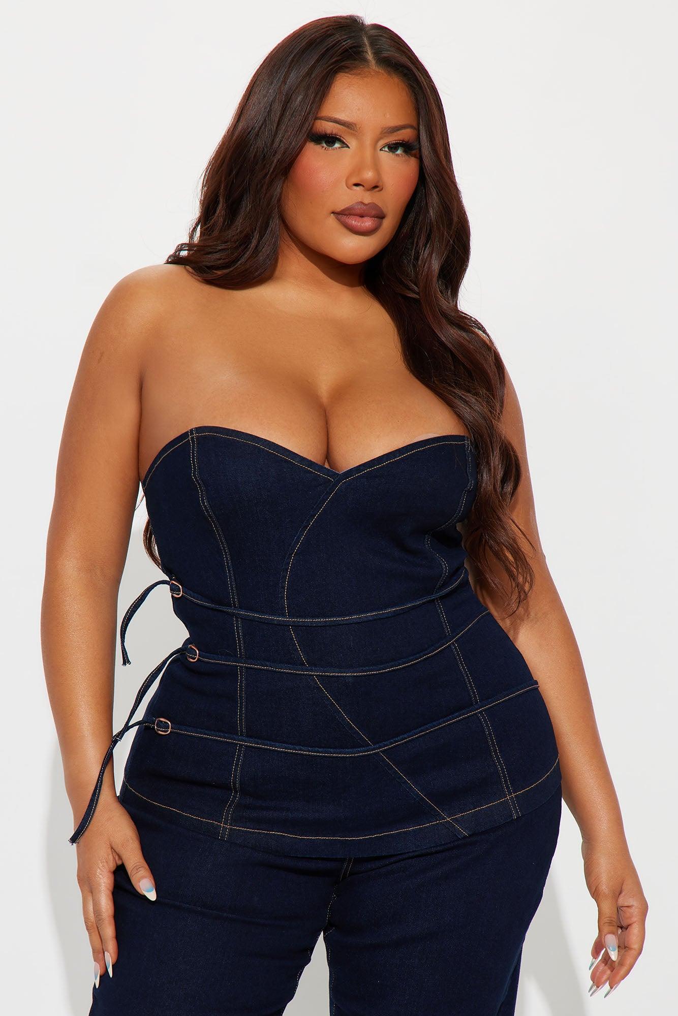 Belt It Down Strapless Denim Pant Set - Dark Wash Product Image