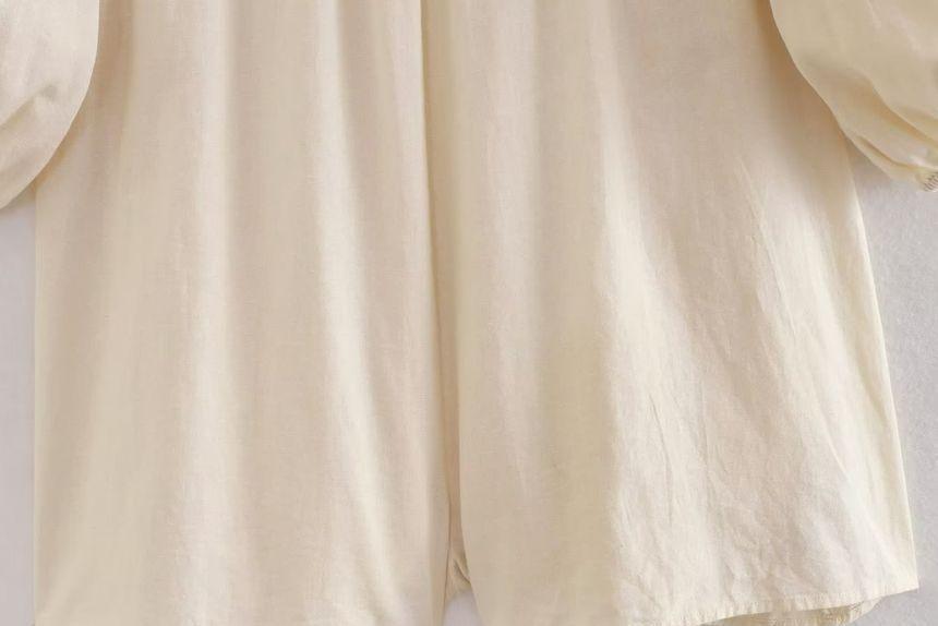 Long-Sleeve V-Neck Crochet Panel Wide Leg Romper Product Image