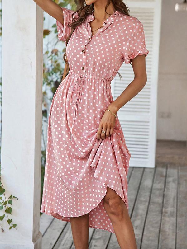A-Line High Waisted Buttoned Drawstring Polka-Dot V-Neck Midi Dresses Product Image