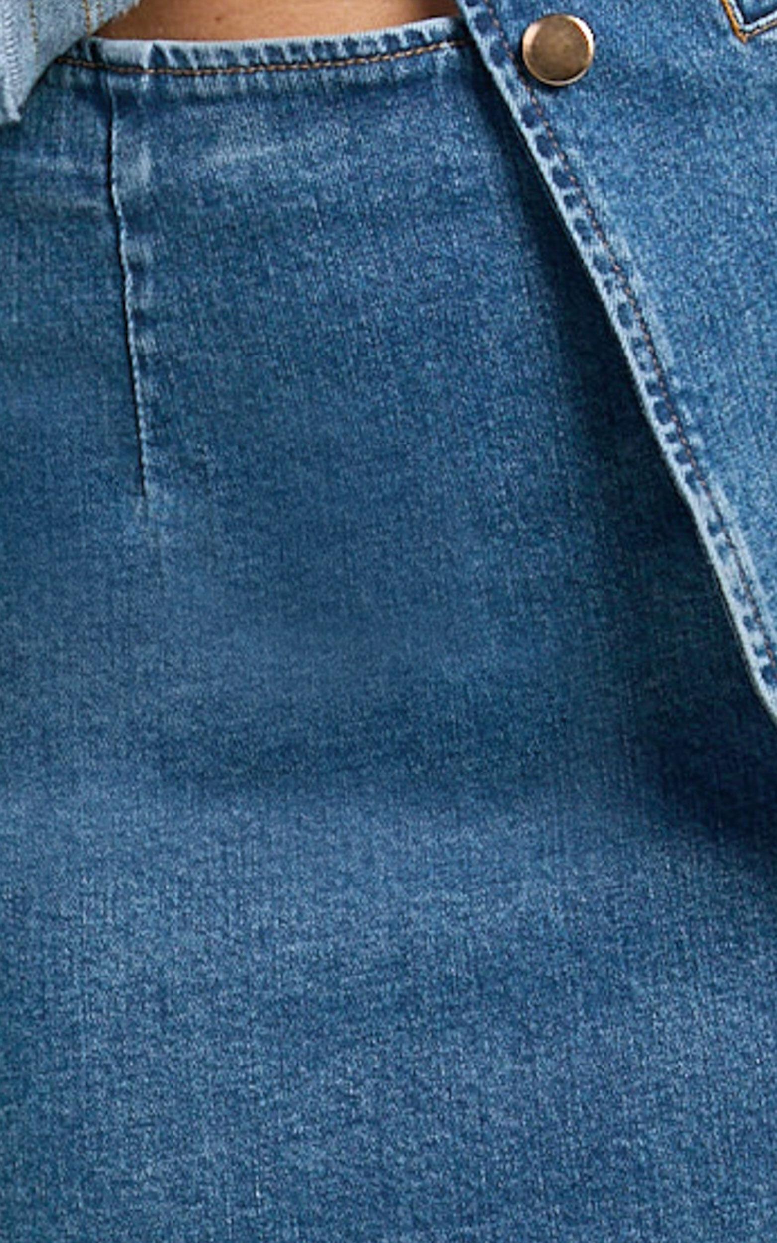 Paige Mini Skirt - High Waisted Denim Skirt in Authentic Dark Blue Wash Product Image