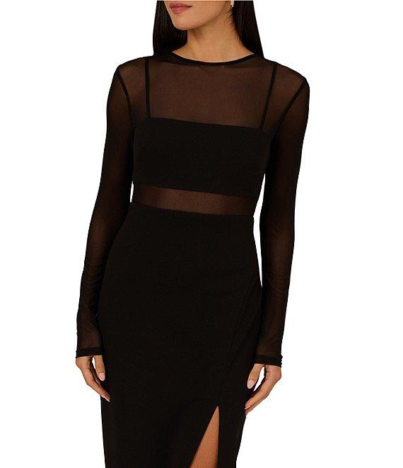 Adrianna Papell Crepe Knit Mock Neck Mesh Bodice Illusion Long Sleeve Side Slit Sheath Dress Product Image