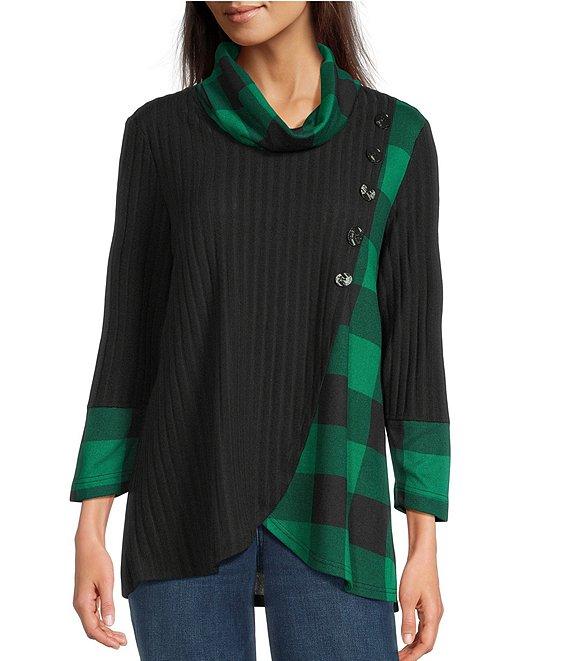 Ali Miles Brushed Buffalo Plaid Textured Knit Cowl Neck 3/4 Sleeve Pullover Tunic Product Image