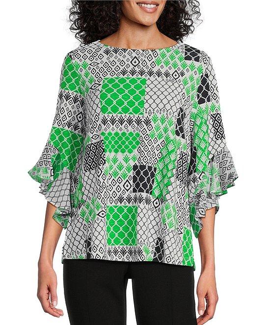 Multiples Slub Knit Georgette Geometric Multi Print Scoop Neck 3/4 Flounce Sleeve Fitted Top Product Image