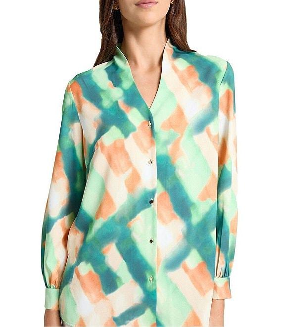 MISOOK Abstract Print Crepe De Chine Mandarin Collar V-Neck Long Sleeve Blouse Product Image