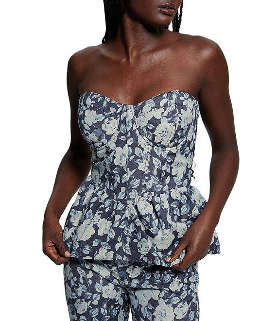 Guess Margaux Floral Print Smocked Back Peplum Corset Top Product Image