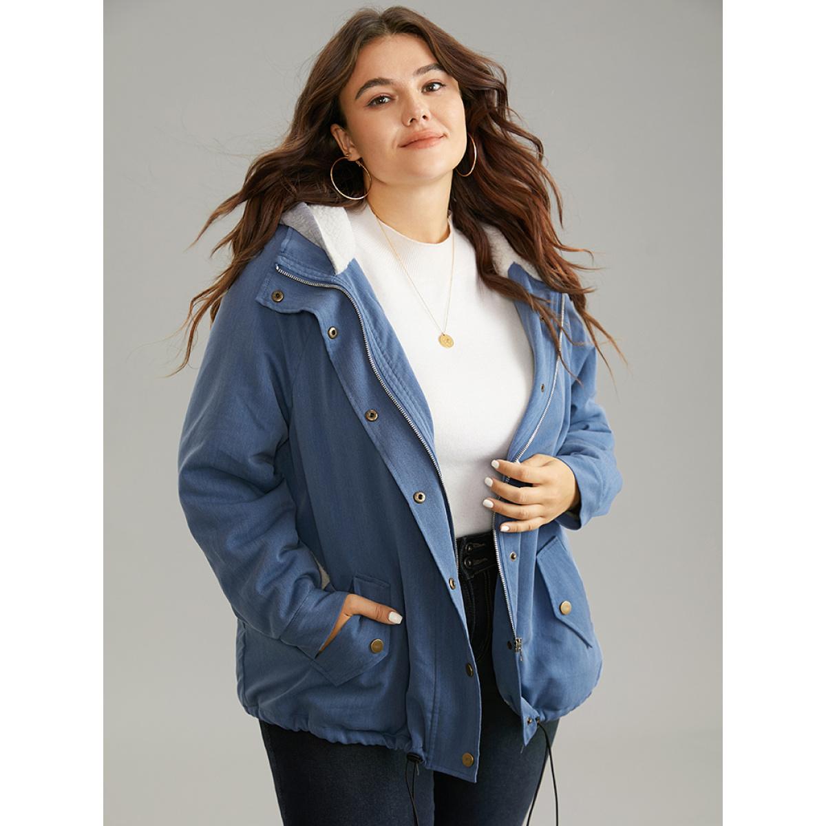 Plus Size Denim Hooded Drawstring Fuzzy Patchwork Jacket Women Blue Lined Pocket Dailywear Jackets BloomChic 10/M Product Image