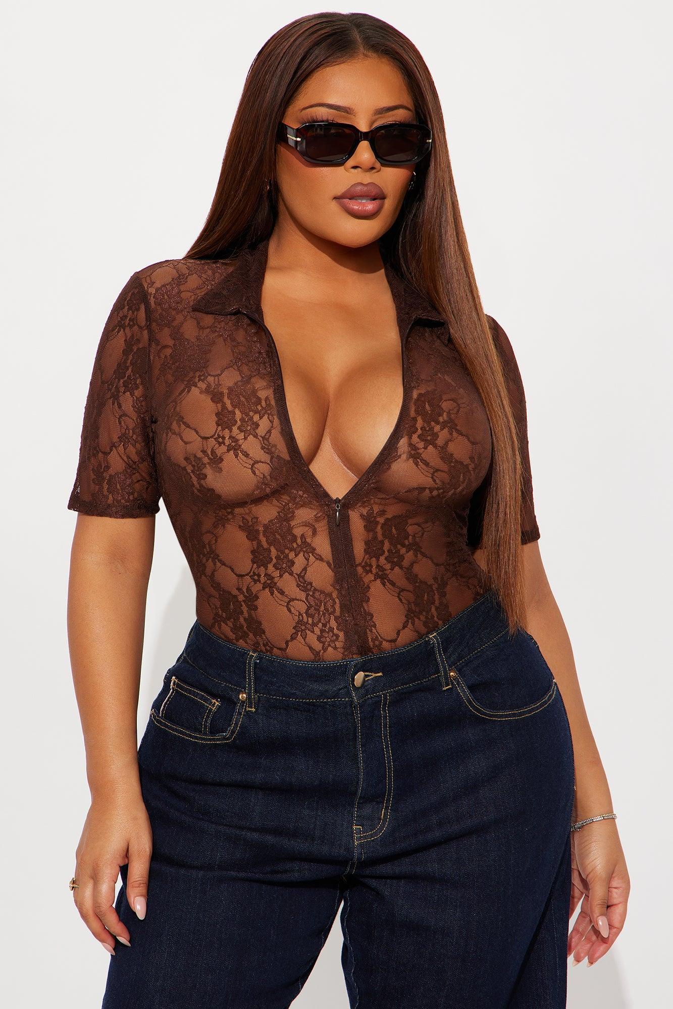 Timea Short Sleeve Lace Bodysuit - Brown Female Product Image