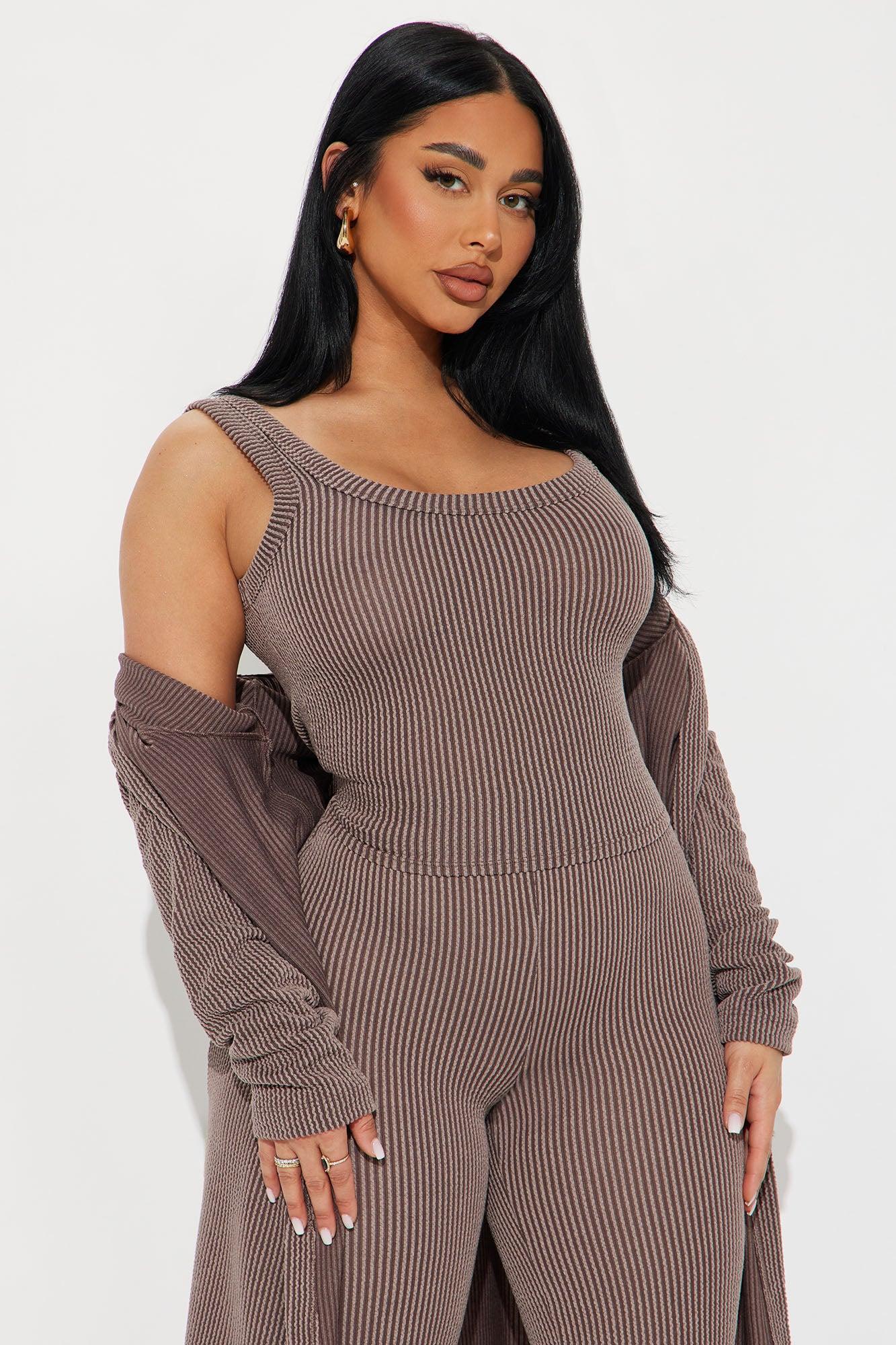 Weekend Vibe Ribbed 3 Piece Pant Set - Brown Product Image