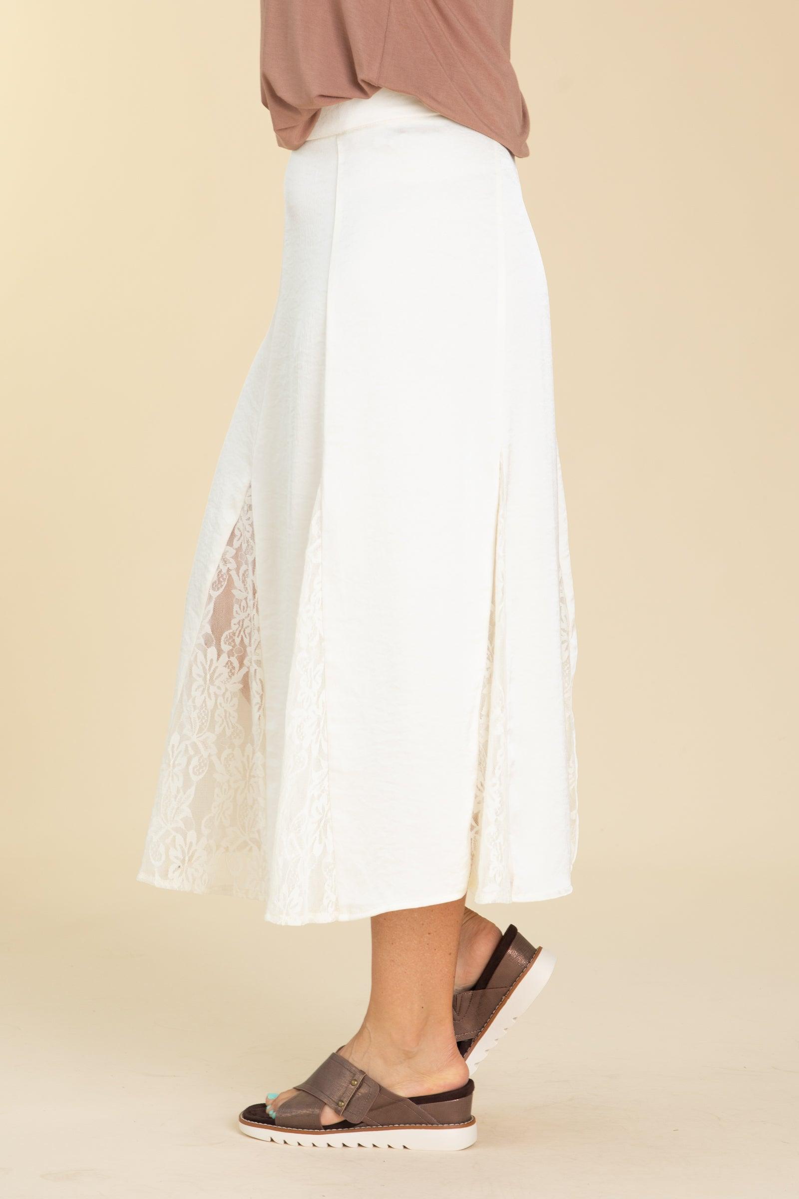 Cream Crushed Satin Lace Godet Skirt Product Image