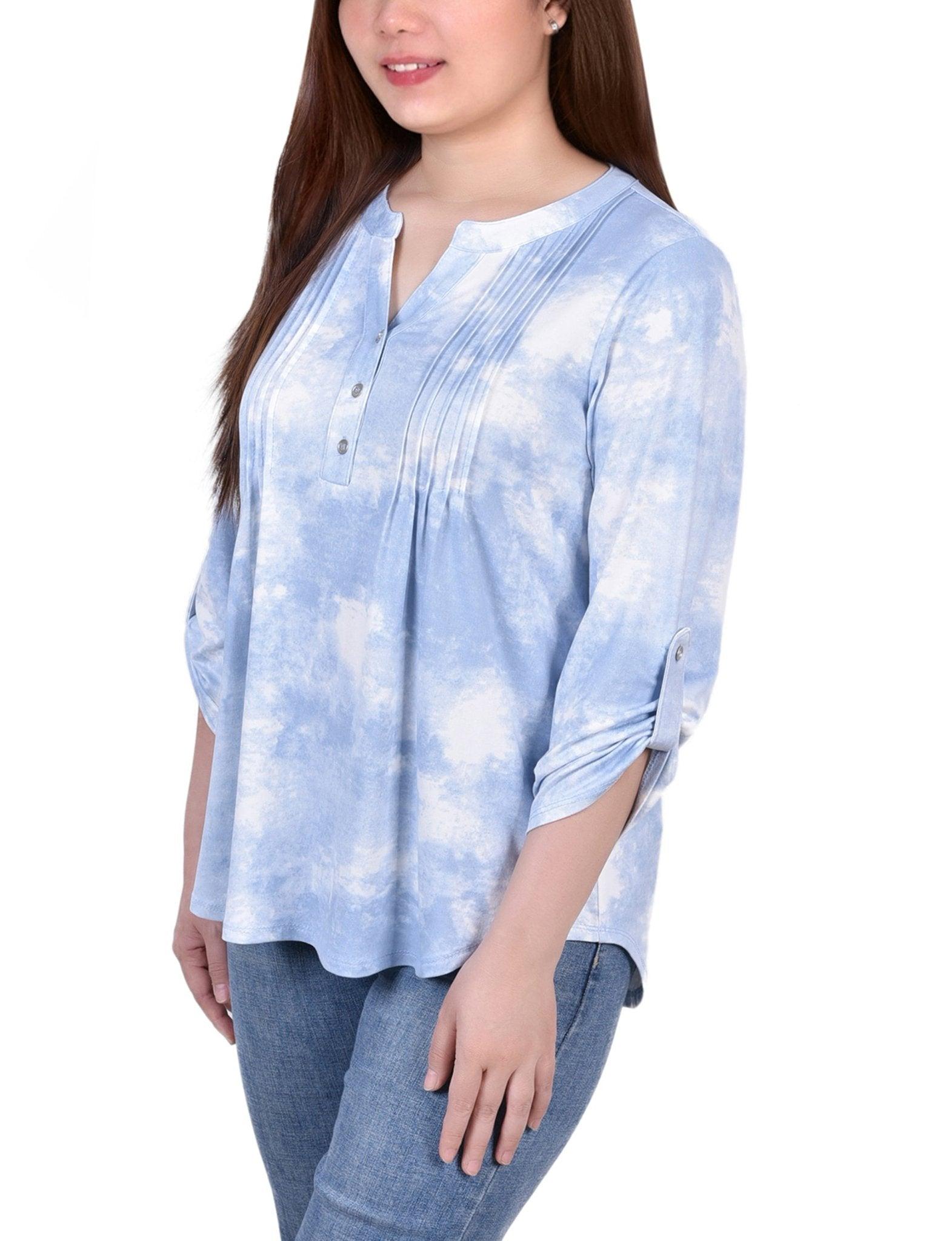 Blue Tie Dye 3/4 Bell Sleeve Pleat Front Y Neck Top Product Image