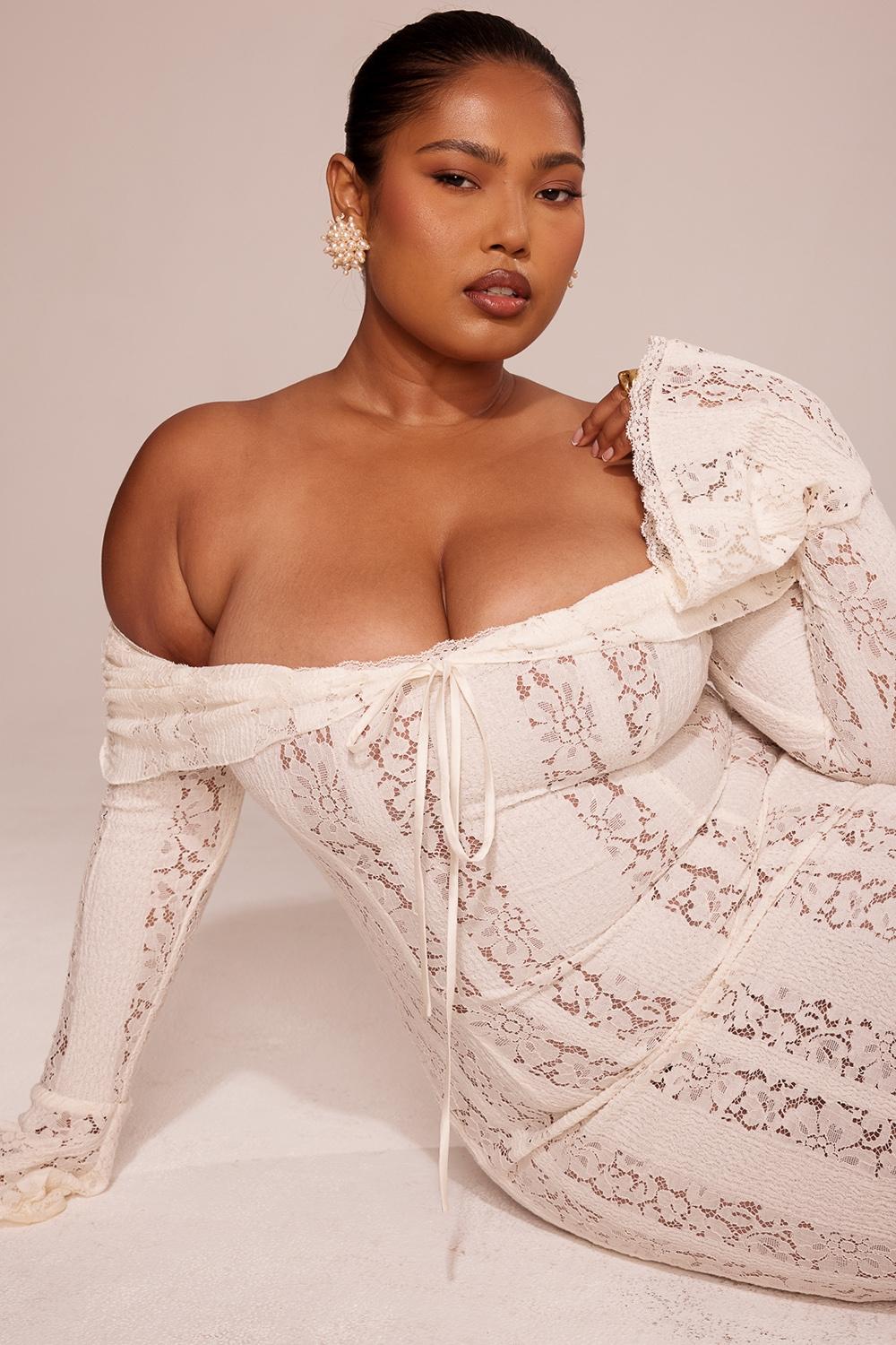 Belle  vintage cream floral lace off shoulder maxi dress Product Image