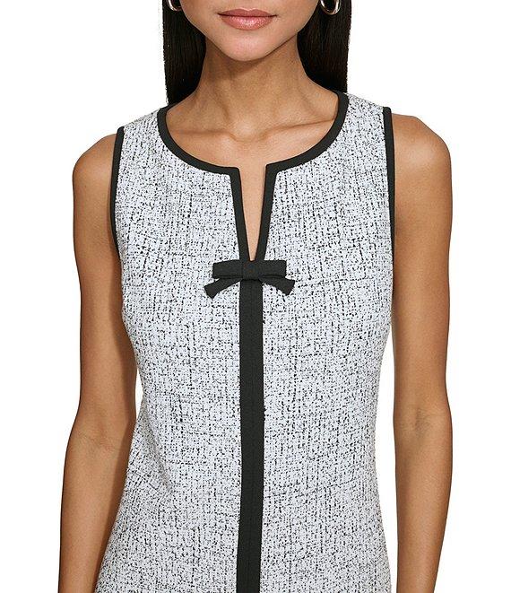 KARL LAGERFELD PARIS Speckled Jacquard Split V Neck Sleeveless Contrast Trim Bow Shift Mini Dress Product Image