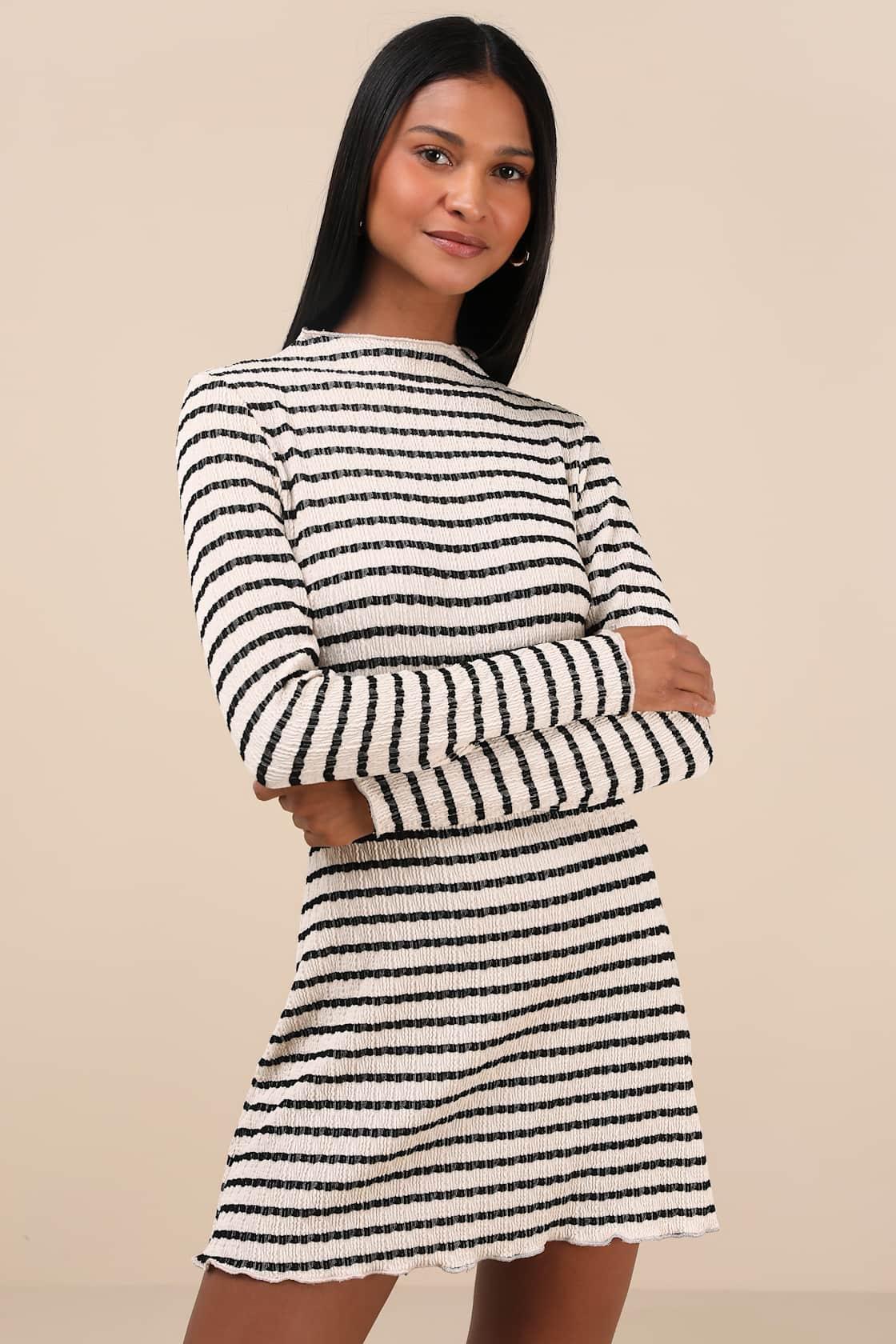 Flattering Forecast Cream Striped Long Sleeve Mini Dress Product Image