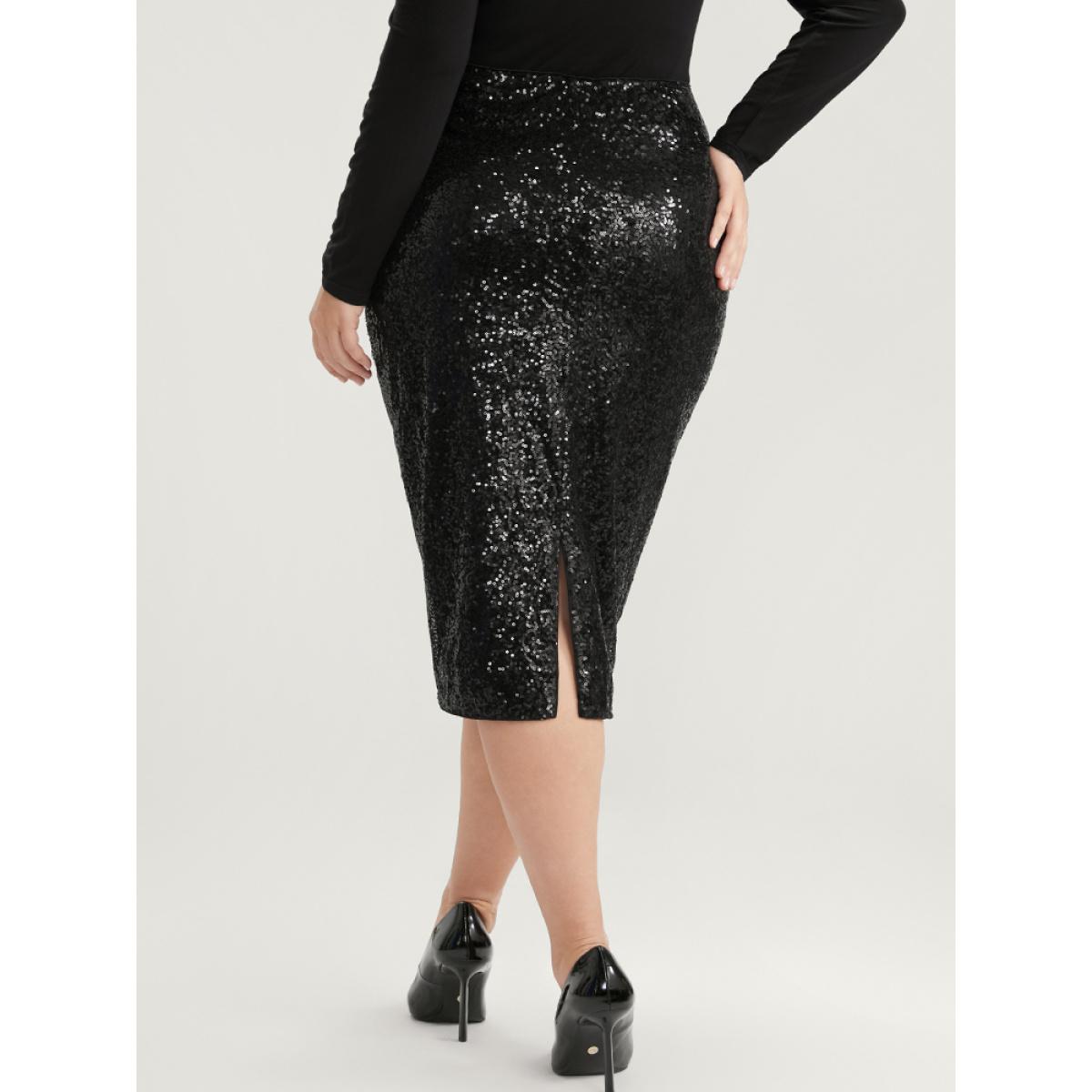Plus Size Solid Sequin Zipper Split Hem Skirt Women Black Party Plain Bodycon Low stretch Going out Skirts BloomChic 26/4X Product Image