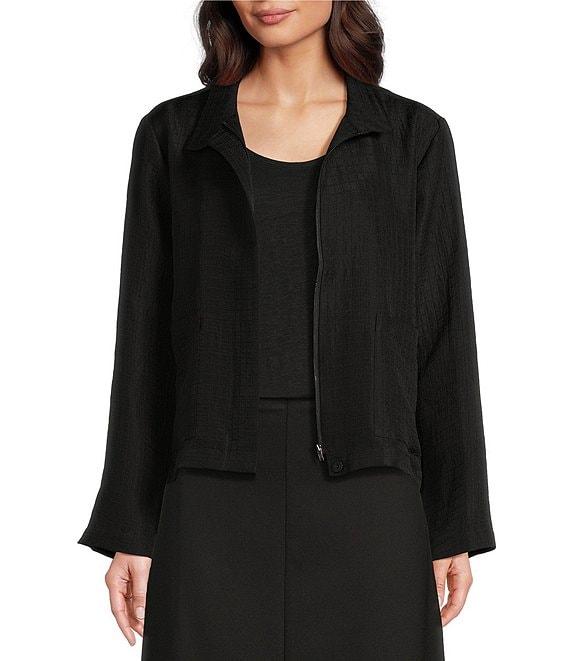 Eileen Fisher Silk Linen-Blend Stand Collar Long Sleeve Pocketed Boxy Fit Jacket Product Image