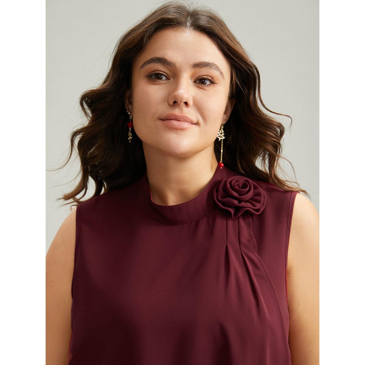 Plus Size Rose Detail Layered High Low Hem Chiffon Tank Top Women Burgundy Casual Plain Mock Neck Festival-Christmas Tank Tops Camis BloomChic 18-20/2X Product Image