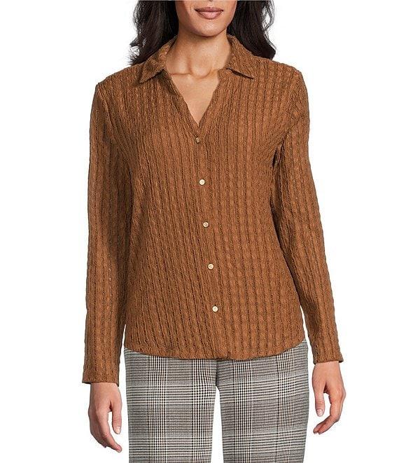Investments Knit Long Sleeve Y-Neck Button Front Novelty Top Product Image