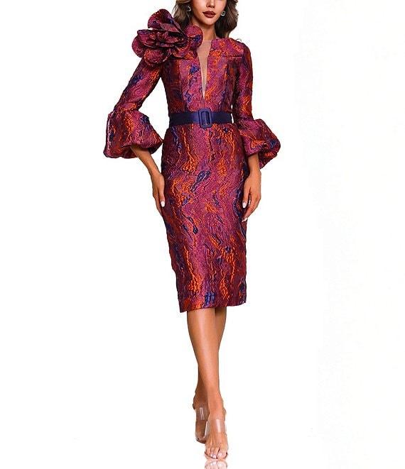 Terani Couture 3D Ruffle Bell Sleeve Belted Jacquard Sheath Midi Dress Product Image